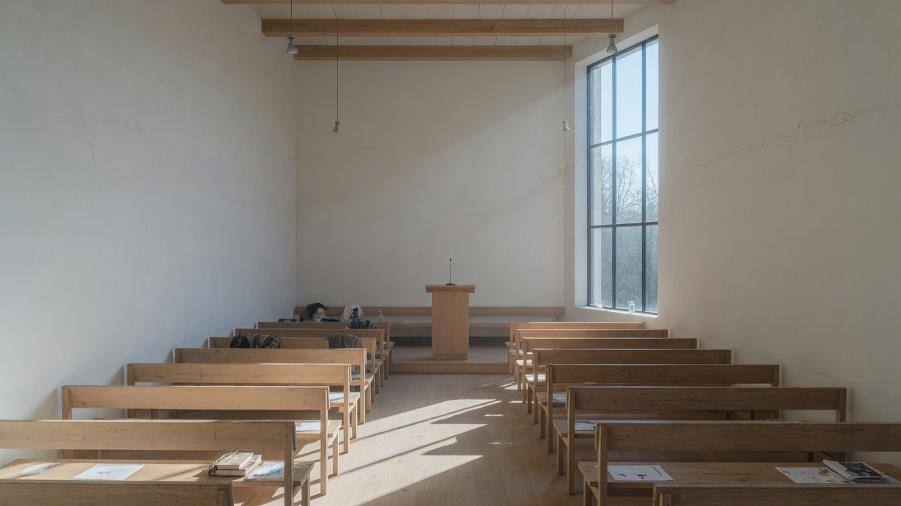 A peaceful meeting room with pale oak benches and warm morning light.